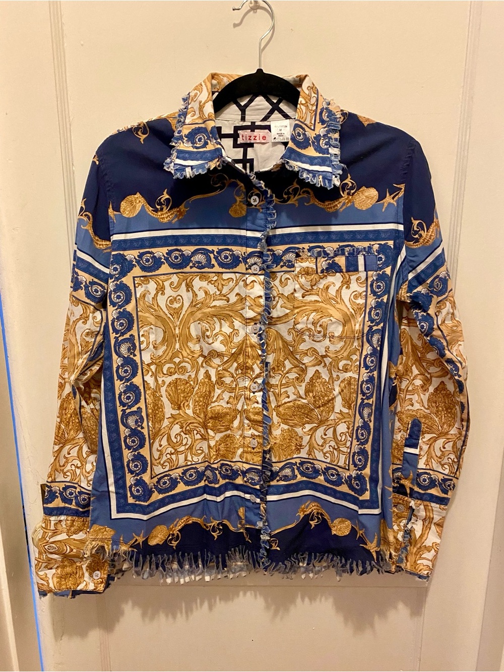 Tizzie  Blue and Gold Baroque Print Button-Down Shirt